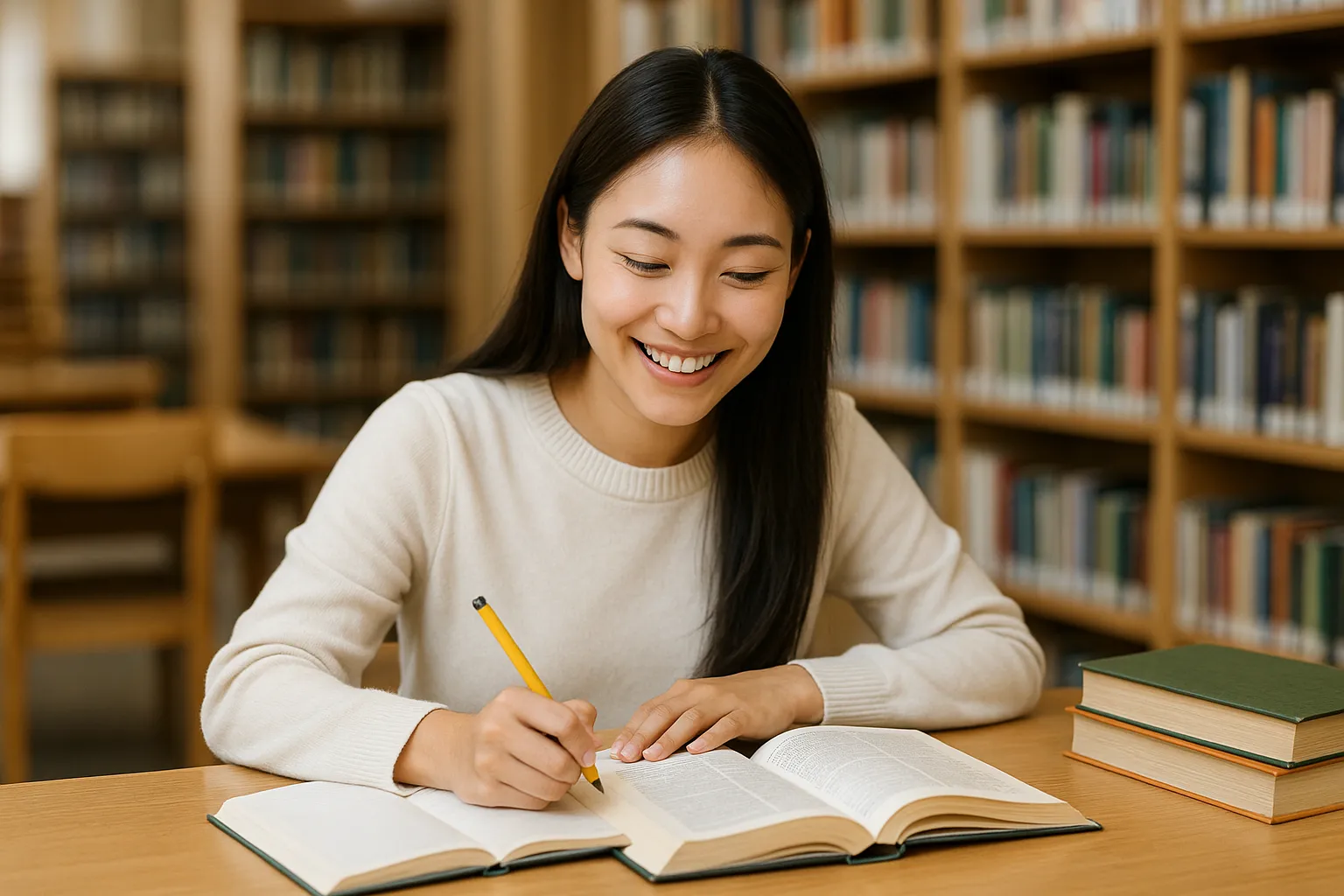 図書館で悩みがなくなり勉学に励む日本人の女子大学生